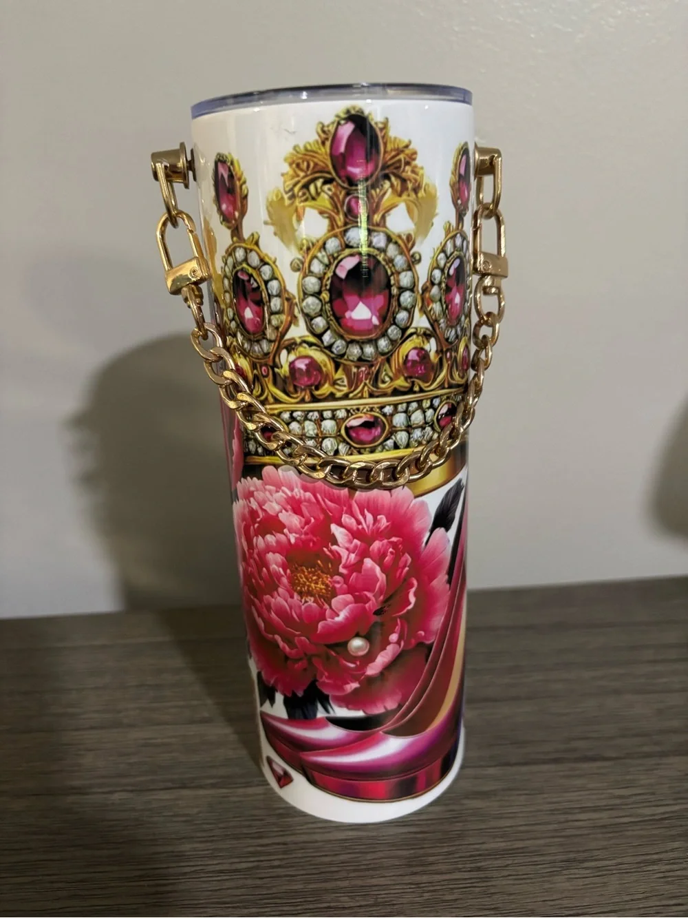 Hand Made Pink Floral & Gold Crown Tumbler